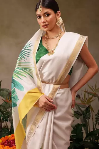 off white floral printed kasavu silk blend saree