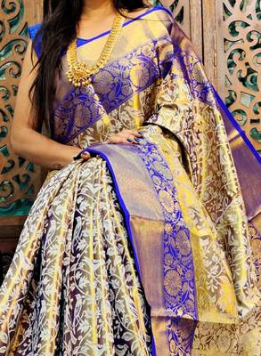 Ethnic motifs woven design zari kanjeevaram saree 2