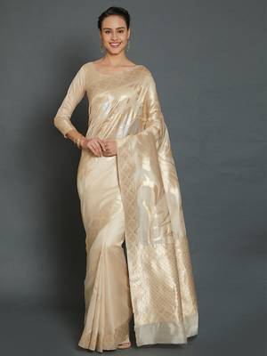 Cream & gold toned floral silk blend banarasi sarees 1