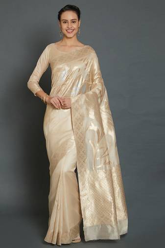 cream and gold floral silk blend banarasi saree