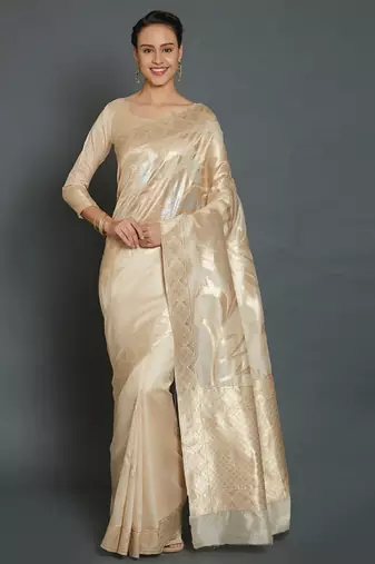 cream and gold floral silk blend banarasi saree