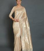 Cream & gold toned floral silk blend banarasi sarees