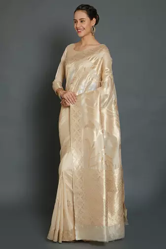 cream and gold floral silk blend banarasi saree