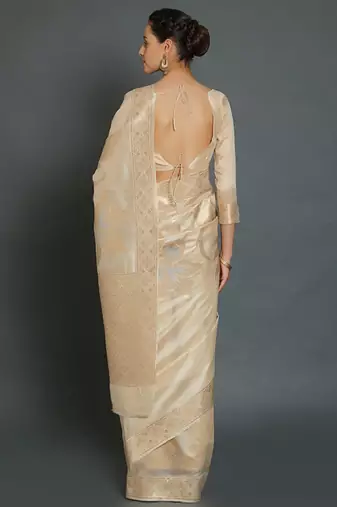 cream and gold floral silk blend banarasi saree