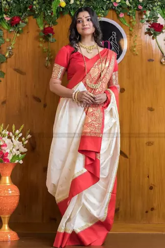 white silk blend kanjeevaram saree with woven zari design