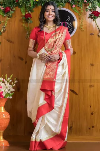 white silk blend kanjeevaram saree with woven zari design