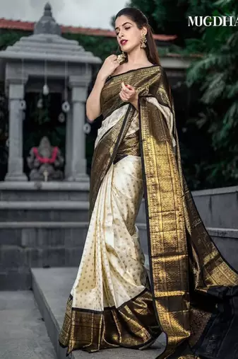 white silk blend kanjeevaram saree with woven zari woork