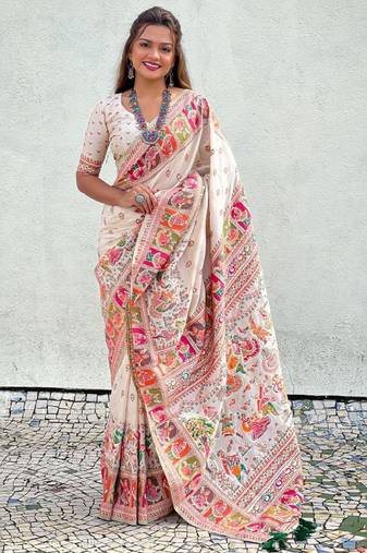white woven design and ethnic motifs silk blend kanjeevaram saree