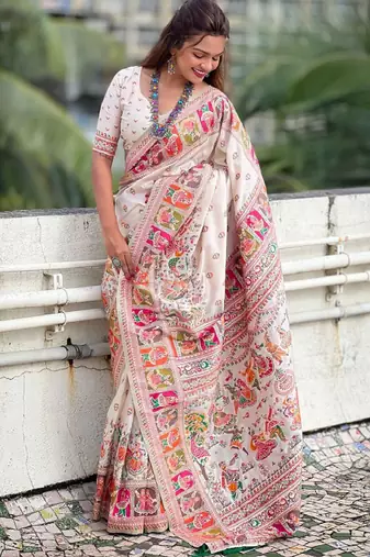 white woven design and ethnic motifs silk blend kanjeevaram saree