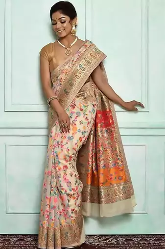 cream pashmina silk blend kanjeevaram saree with woven zari and floral design