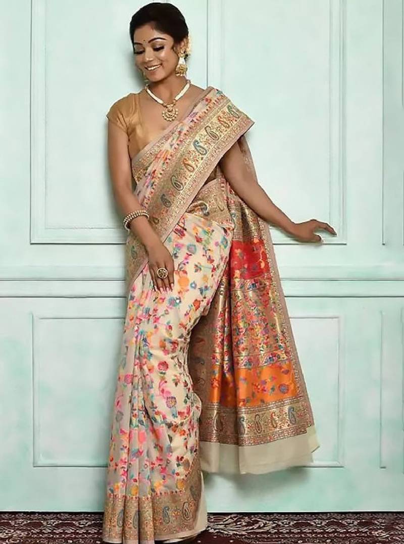 Floral woven design zari pashmina kanjeevaram saree