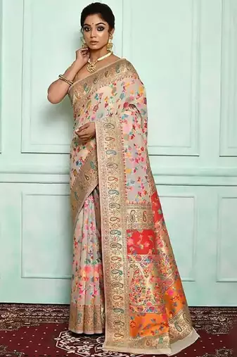 cream pashmina silk blend kanjeevaram saree with woven zari and floral design