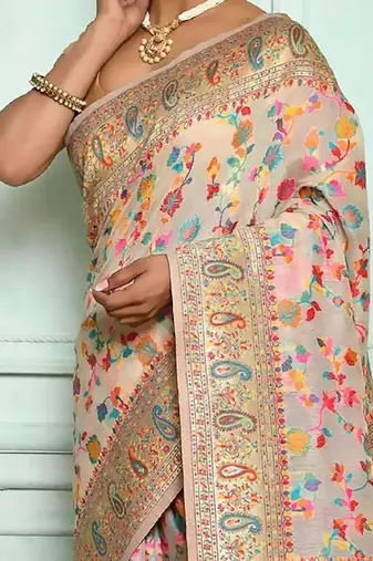 cream pashmina silk blend kanjeevaram saree with woven zari and floral design