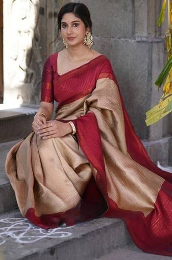 cream kanjeevaram silk saree with woven zari design