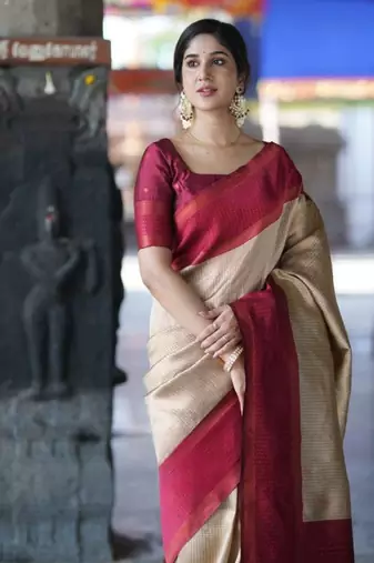 cream kanjeevaram silk saree with woven zari design