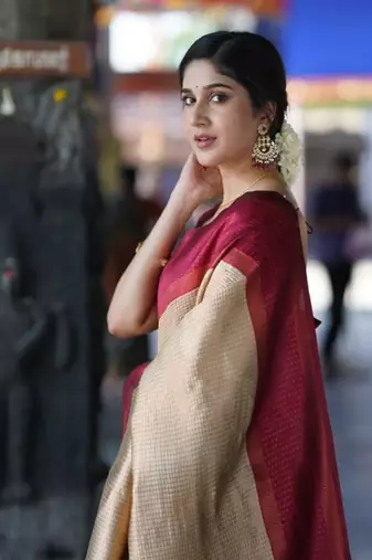 cream kanjeevaram silk saree with woven zari design