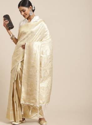 Cream-coloured & gold-toned ethnic motifs zari silk blend kanjeevaram saree 1