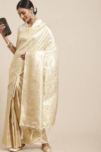cream zari silk blend kanjevaram saree ethnic motifs