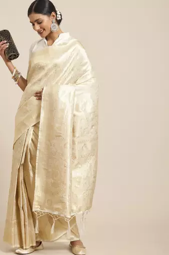 cream zari silk blend kanjevaram saree ethnic motifs