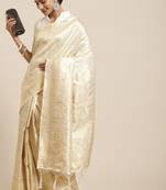 Cream-coloured & gold-toned ethnic motifs zari silk blend kanjeevaram saree