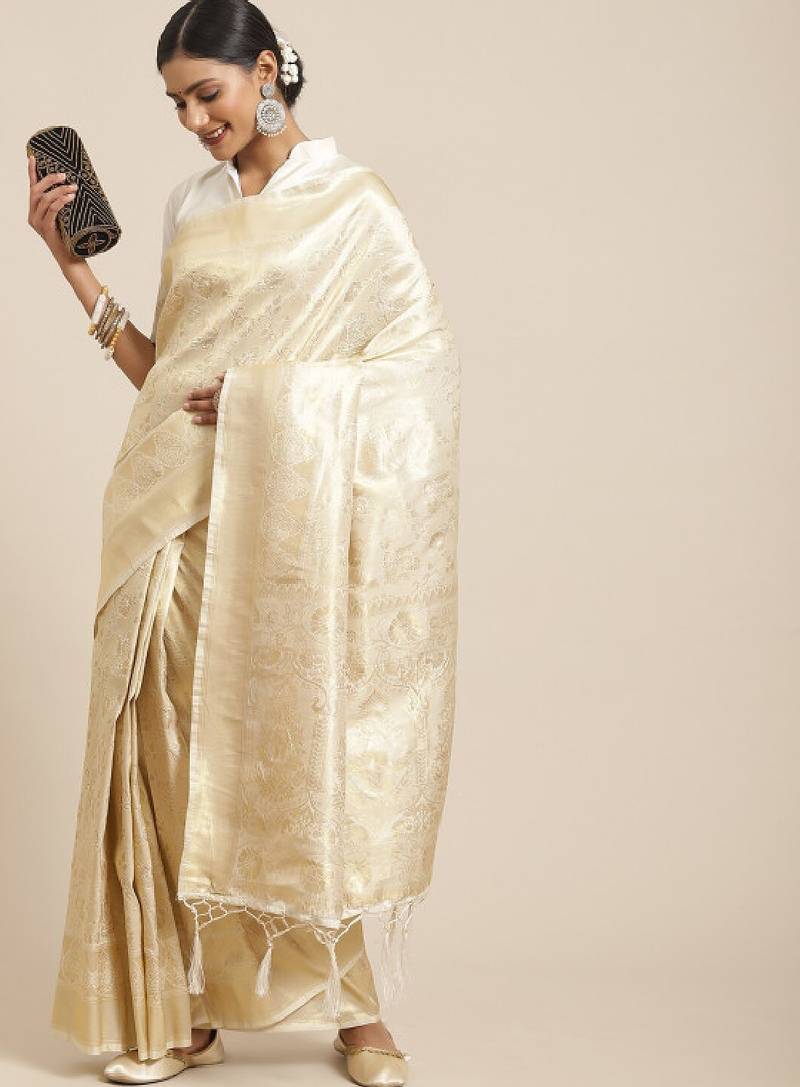 Cream-coloured & gold-toned ethnic motifs zari silk blend kanjeevaram saree