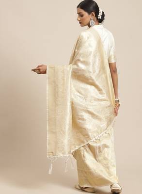 Cream-coloured & gold-toned ethnic motifs zari silk blend kanjeevaram saree 2