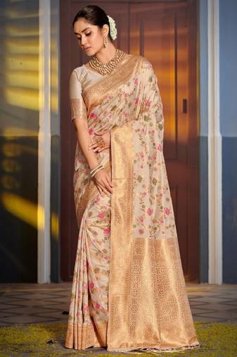 cream pink floral zari silk banarasi saree