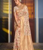 Cream coloured & pink floral zari silk banarasi saree
