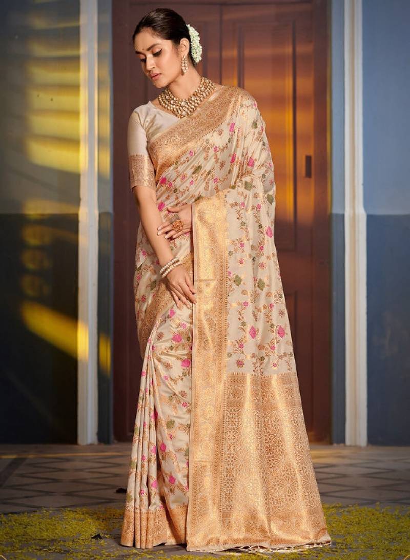 Cream coloured & pink floral zari silk banarasi saree