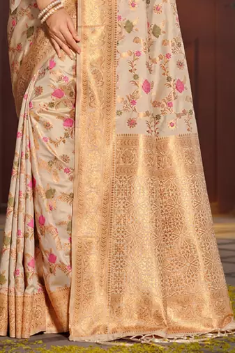cream pink floral zari silk banarasi saree
