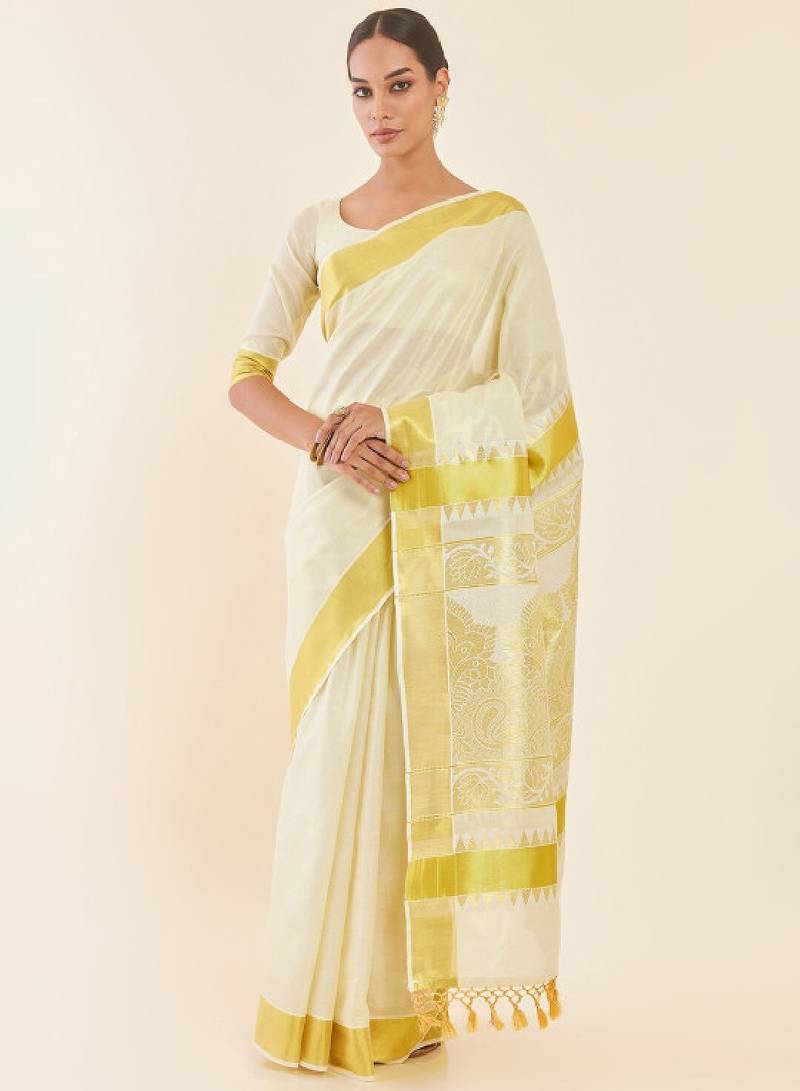 Off white paisley woven design zari tissue kasavu saree