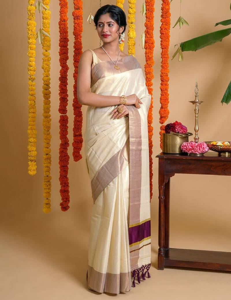 Solid zari tissue kasavu saree