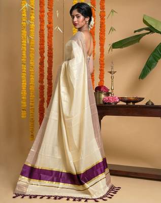 Solid zari tissue kasavu saree 2