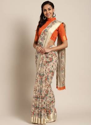 Beige & orange printed saree 1
