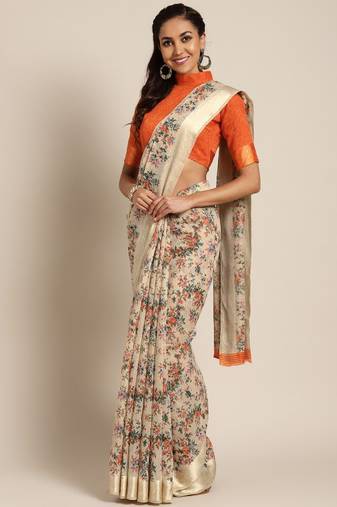 beige orange fabric saree with traditional print design