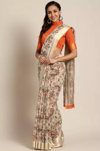 Beige & orange printed saree