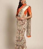 Beige & orange printed saree
