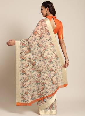 Beige & orange printed saree 2