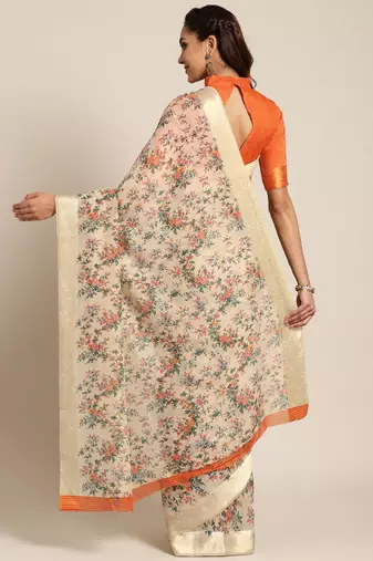 Beige & orange printed saree