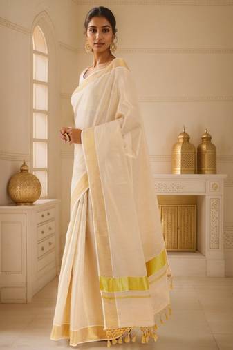 off white gold toned zari tissue kasavu saree