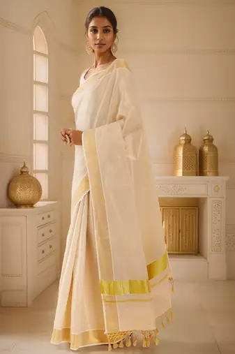 Off white & gold-toned zari tissue kasavu saree