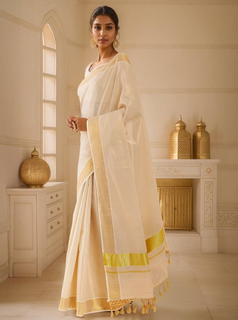 Off white & gold-toned zari tissue kasavu saree