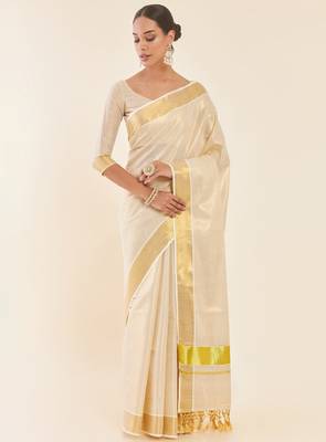 Off white & gold-toned zari tissue kasavu saree 2