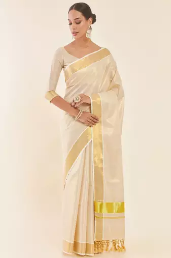 Off white & gold-toned zari tissue kasavu saree