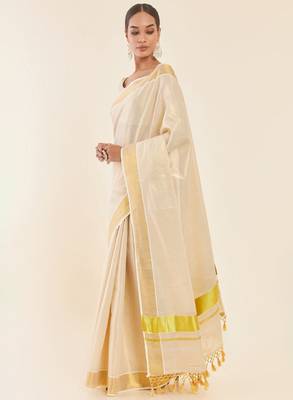Off white & gold-toned zari tissue kasavu saree 3