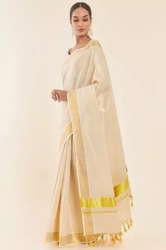 Off white & gold-toned zari tissue kasavu saree