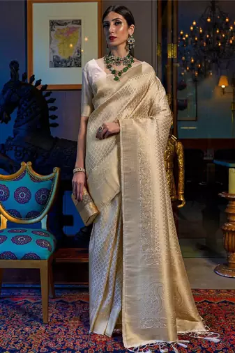 Cream-coloured & gold-toned ethnic motifs zari silk blend kanjeevaram saree