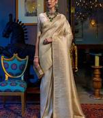 Cream-coloured & gold-toned ethnic motifs zari silk blend kanjeevaram saree