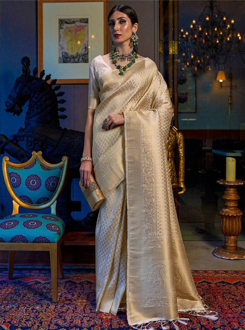 Cream-coloured & gold-toned ethnic motifs zari silk blend kanjeevaram saree