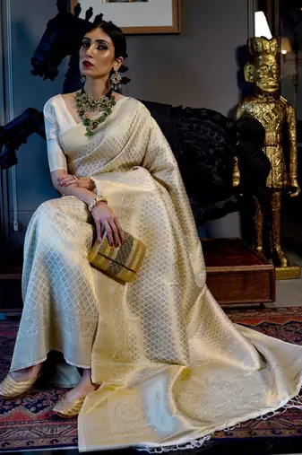 Cream-coloured & gold-toned ethnic motifs zari silk blend kanjeevaram saree